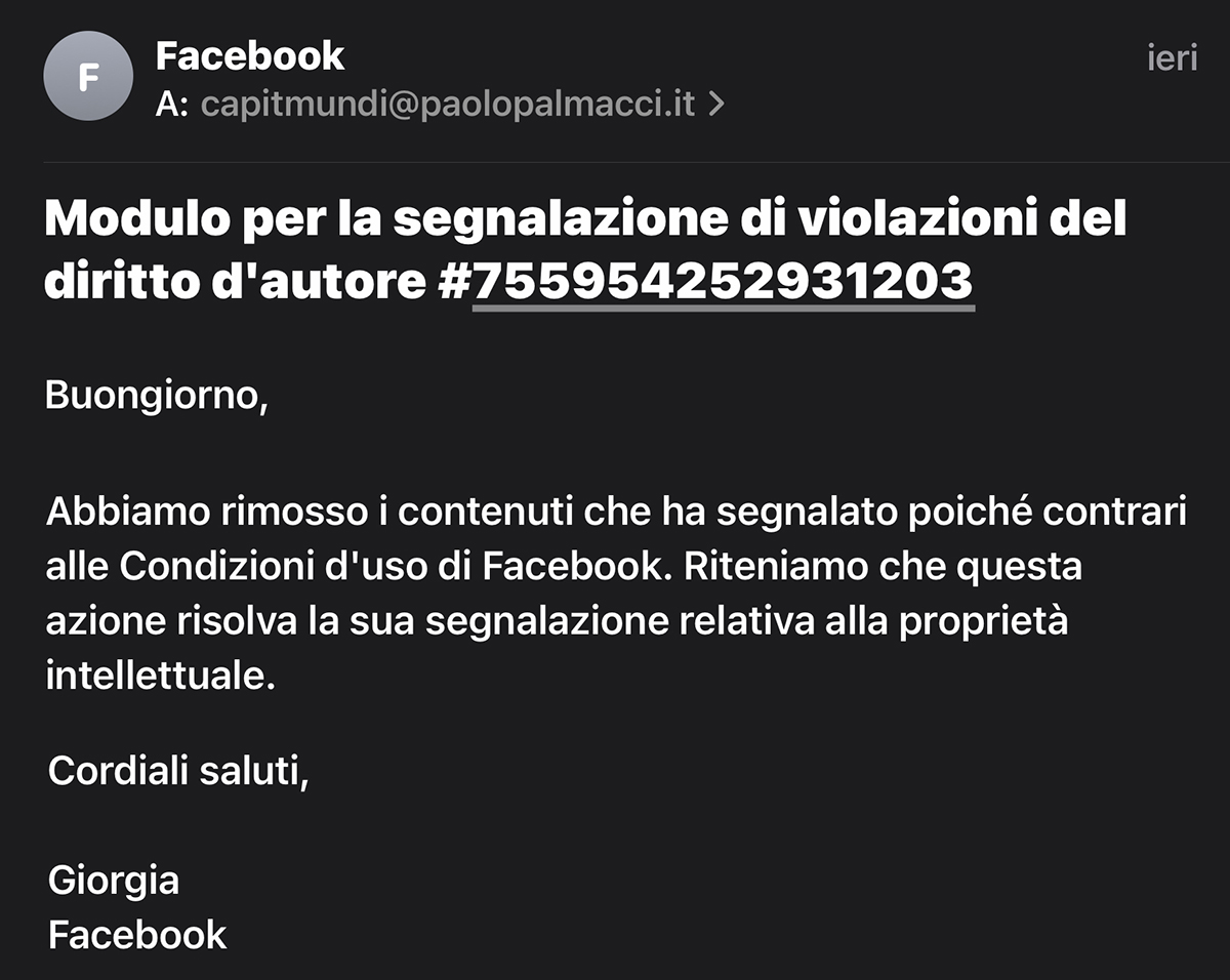 segnalazione diritto d'autore facebook